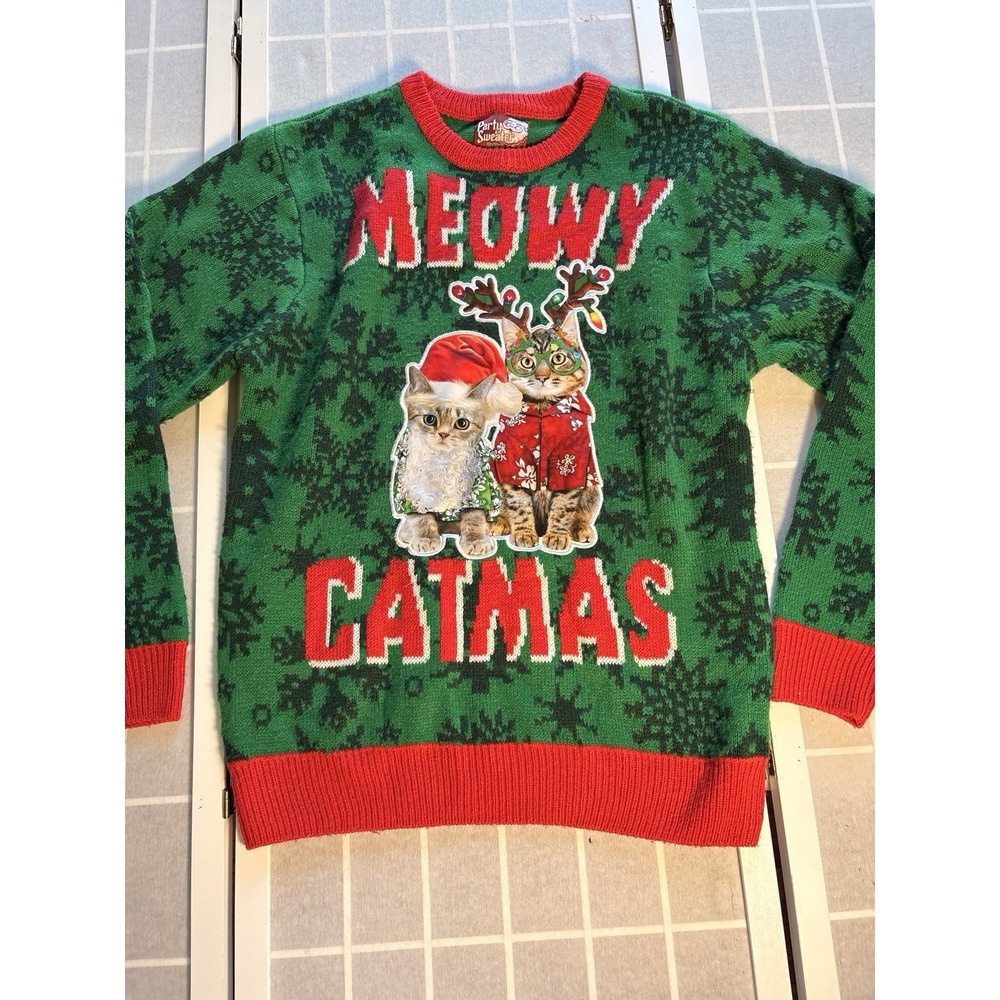 Party Sweater Dec 25th Meowy Catmas Ugly Christmas Sweater Medium Cats Reindeer